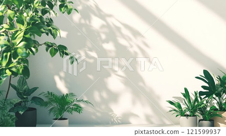 Sunlight filtering through the trees, white walls and potted plants 06 Sunlight filtering through the trees, white walls and potted plants 06 121599937