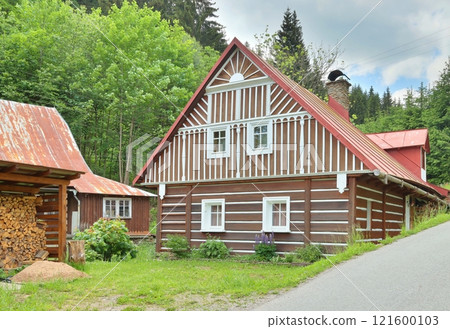 Beautiful wooden cottage during summer 121600103
