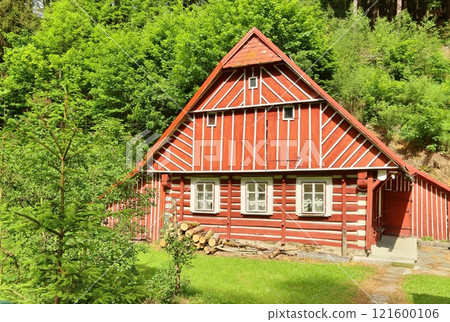 Beautiful wooden cottage during summer Beautiful wooden cottage during summer 121600106