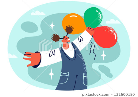 Smiling black girl with balloons in hands 121600180