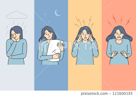 Premenstrual symptoms are felt by women suffering from mood swings and headaches or insomnia Premenstrual symptoms are felt by women suffering from mood swings and headaches or insomnia 121600185