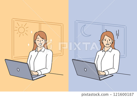 Woman feels tired and exhausted due to overwork and working with computer at night 121600187