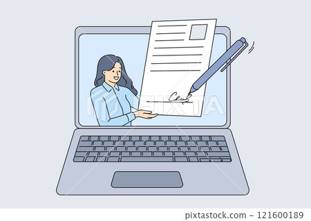 Business woman receives electronic signature documents on laptop screen and approves contract online Business woman receives electronic signature documents on laptop screen and approves contract online 121600189