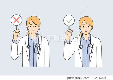 Woman doctor demonstrates sign with tick or cross, symbolizing permission or prohibition 121600190