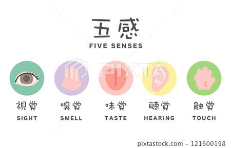Five senses illustration icon: sight, smell, taste, hearing, touch Five senses illustration icon: sight, smell, taste, hearing, touch 121600198