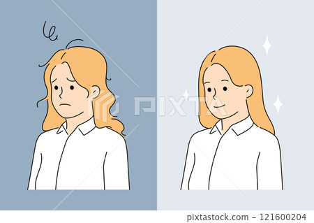 Transformation of girl after visiting hairdresser or using high-quality shampoo. 121600204