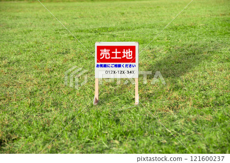 放置在草坪廣場上的待售土地標誌的圖像 放置在草坪廣場上的待售土地標誌的圖像 121600237