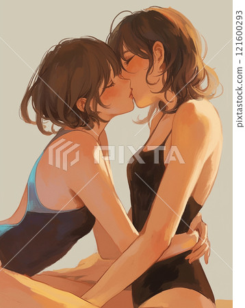 A scene where two beautiful women in swimsuits kiss A scene where two beautiful women in swimsuits kiss 121600293