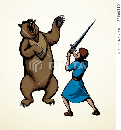 Vector drawing. An angry bear attacking man Vector drawing. An angry bear attacking man 121600410