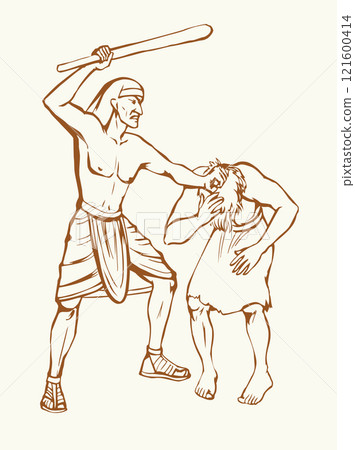 Vector drawing. A soldier beating a slave 121600414