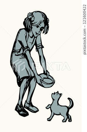 Vector Drawing. Girl feeding a cat 121600422