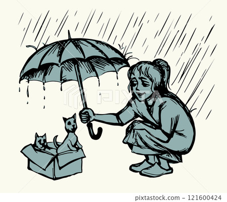 Vector Drawing. Girl Covering Cats From Rain Vector Drawing. Girl Covering Cats From Rain 121600424