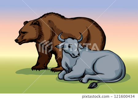 Vector drawing. Cute big cow with bear 121600434