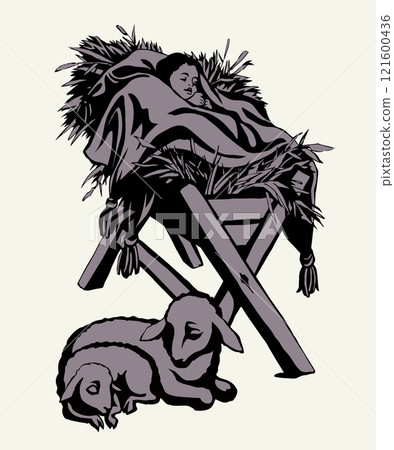 Vector drawing. Baby in a manger Vector drawing. Baby in a manger 121600436