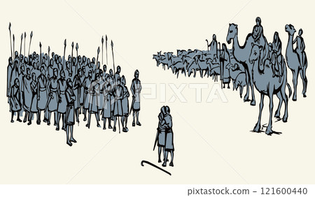 Vector drawing. Meeting of two tribes 121600440