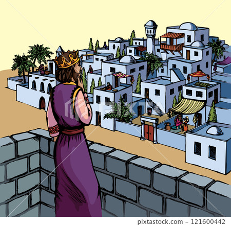 Vector drawing. King David on the roof of palace Vector drawing. King David on the roof of palace 121600442