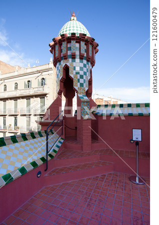 Unique architecture of Casa Vicens by Gaudi in Barcelona, Spain showcasing vibrant colors and decorative tiles Unique architecture of Casa Vicens by Gaudi in Barcelona, Spain showcasing vibrant colors and decorative tiles 121600479