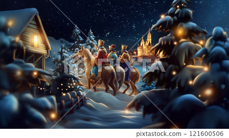 Three wise men riding camels at night following the star of bethlehem to jesus christ birthplace 121600506