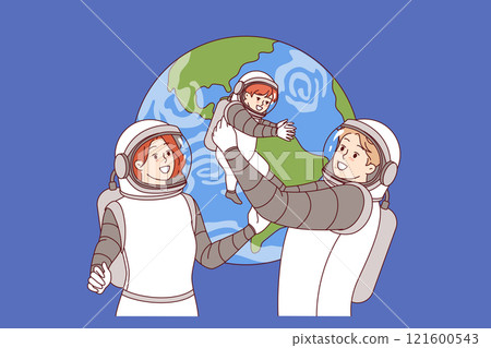 Family of astronauts makes space trip with baby, wearing spacesuits to obtain oxygen in zero gravity 121600543