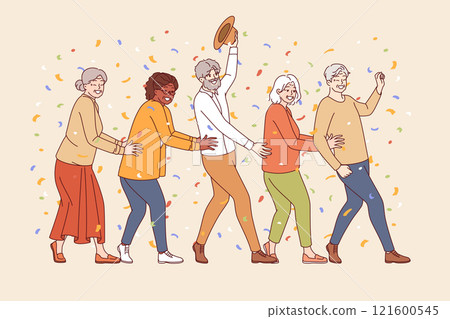 Party of elderly people dancing and standing in row, enjoying retirement and not having to work Party of elderly people dancing and standing in row, enjoying retirement and not having to work 121600545