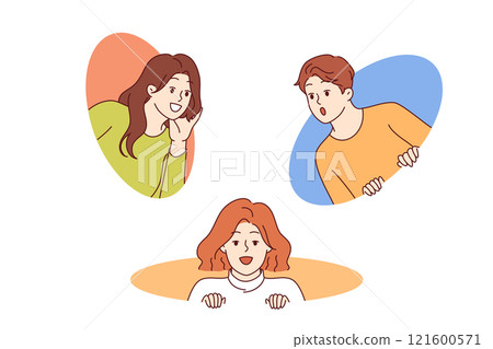 Curious people exchange opinions and are surprised by unexpected rumor peeking out of round holes 121600571