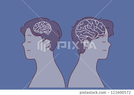 Stupid and smart man stand side by side, with silhouette of brain of different sizes. 121600572