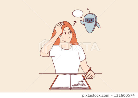 Robot assistant prompts young female student sitting at table and writing thesis. 121600574