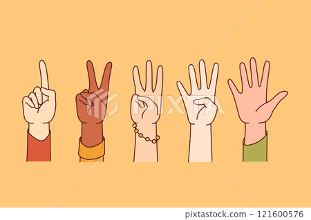 People hands show numbers from one to five, assessing quality of services received People hands show numbers from one to five, assessing quality of services received 121600576