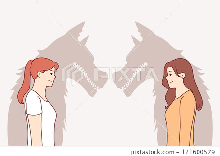 Woman werewolves with bad intentions smile, hiding evil nature and desire to harm partner 121600579