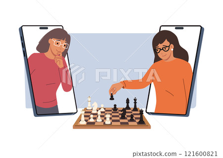 Two women play chess through mobile application on smartphones to practice strategic thinking 121600821