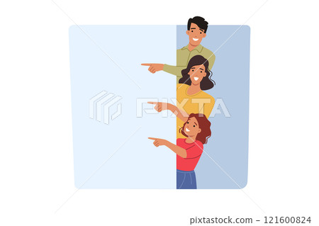 Happy family showing white banner and pointing with finger at place to commercial offer Happy family showing white banner and pointing with finger at place to commercial offer 121600824