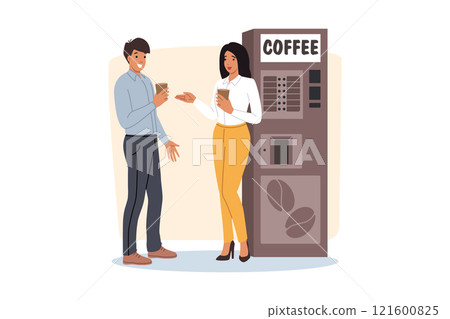 Man and woman office employees are flirting standing at coffee machine, taking break from work 121600825