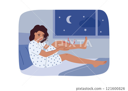 Sharp cramp woke up woman, clutching at leg lying in bed, experiencing pain prevented from sleeping 121600826