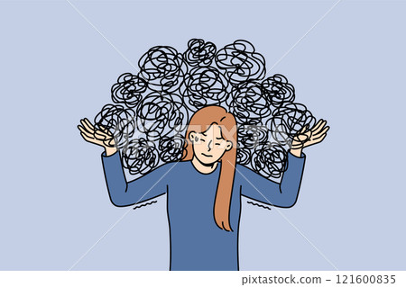 Woman feels mental pressure due to burden chaotic thoughts caused by psychological trauma from past Woman feels mental pressure due to burden chaotic thoughts caused by psychological trauma from past 121600835