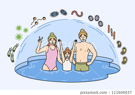 Family bathes in ice pond to improve immunity, and stands in water covered with dome 121600837