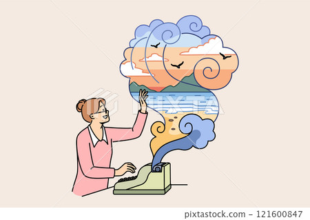 Woman writer writes novel about traveling to paradise resort, using vintage typewriter Woman writer writes novel about traveling to paradise resort, using vintage typewriter 121600847