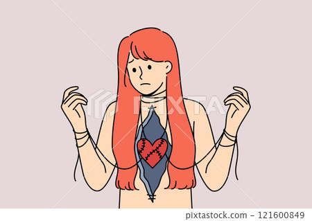 Unhappy love and problematic relationships upset woman with traumatized heart and tied hands Unhappy love and problematic relationships upset woman with traumatized heart and tied hands 121600849