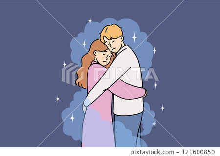 Hugs man and woman to support other half in difficult moments of life and in stressful situations 121600850