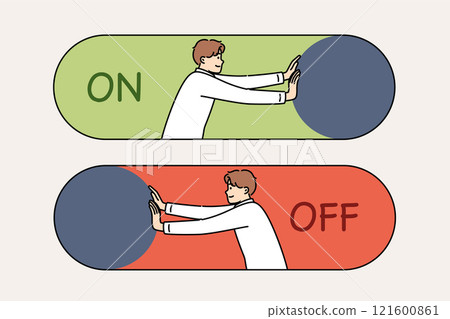 Man presses on and off button to start new project or complete unpromising startup Man presses on and off button to start new project or complete unpromising startup 121600861