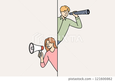 Business team of man using telescope to find opportunities and woman promoter attracting clients 121600862