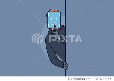 Hacker with fake facial biometrics wants to commit fraudulent actions to log into protected system Hacker with fake facial biometrics wants to commit fraudulent actions to log into protected system 121600863