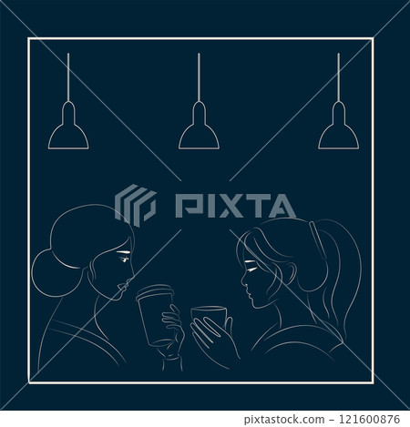 Girls in a cafe drinking coffee. Line art. 121600876