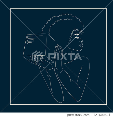 Line art. African American girl, delivery service worker. Box. 121600891
