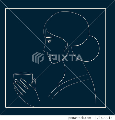 Line Art Portrait of Native American Woman Enjoying Coffee in a Takeaway Cup Line Art Portrait of Native American Woman Enjoying Coffee in a Takeaway Cup 121600918