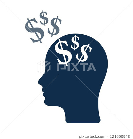 Head icon with dollar signs. Thoughts about money. Money addiction and oniomania. Business strategy, financial planning. Solving financial problems. 121600948