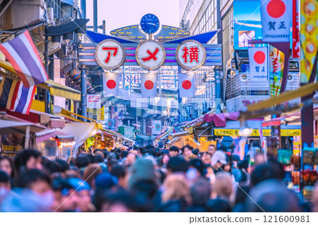 Tokyo cityscape, Japan. New Year's Day. Inbound tourism continues... Ameyoko is bustling with foreign tourists... = January 1, 2025 121600981
