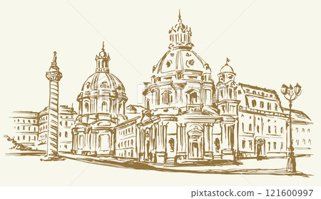 Vector drawing. Sketch of square in Rome. Vector drawing. Sketch of square in Rome. 121600997