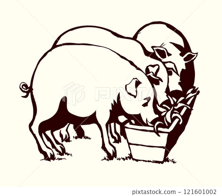 Vector drawing. Pigs eating rhe food Vector drawing. Pigs eating rhe food 121601002
