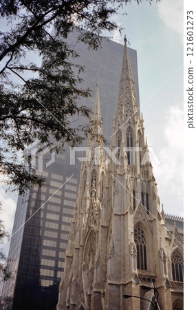 Old photo, September 1982, St. Patrick's Cathedral and skyscrapers on Fifth Avenue, New York 121601273