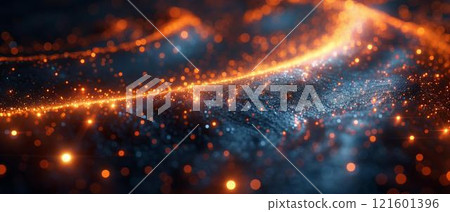 Abstract glowing magic orange blue particles wave futuristic technology background, Flow Motion Light Energy 121601396